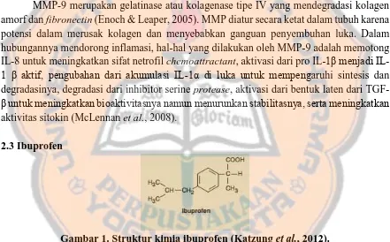 Gambar 1. Struktur kimia ibuprofen (Katzung  et al., 2012). Ibuprofen merupakan turunan dari asam fenilpropionat (Katzung 