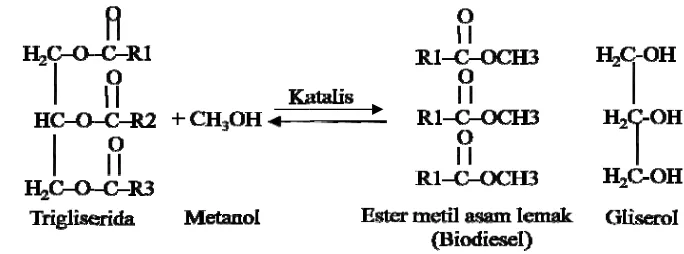 Gambar r 2  Stoikiommetri reaksi trransesterifikkasi trigliseriida dengan mmetanol 