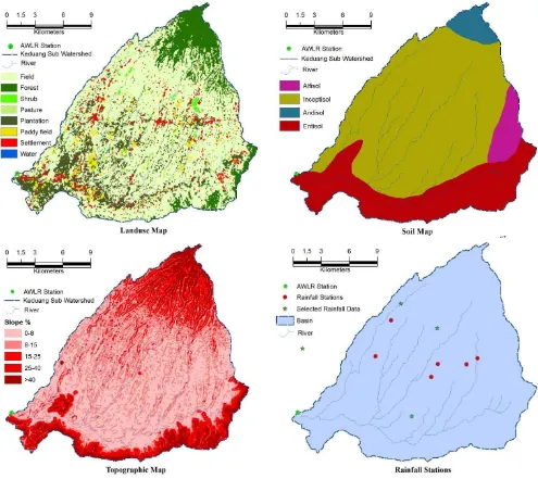 Fig.2 Spatial distribution of Landuse, Soil types, Topographic and Rainfall Stations 