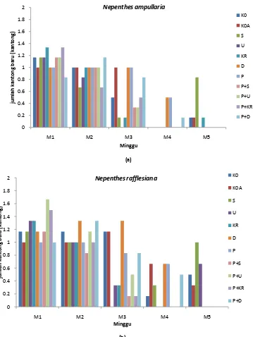 Gambar 7.Histogram Jumlah Kantong Baru Pada N.ampullaria (a) dan N. rafflesiana (b) Hingga 5 MSP 