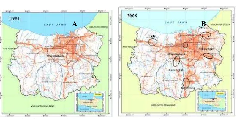 Gambar 6 Pola perubahan penggunaan lahan permukiman di Kota Semarang (A)Pola linier ; (B) Pola meloncat (leap frog) 