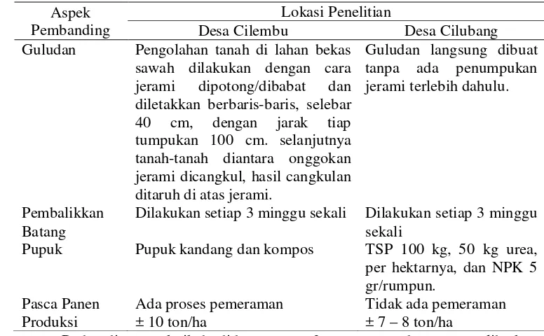 Tabel 1. Perbandingan Teknik Budidaya di Lokasi Penelitian 