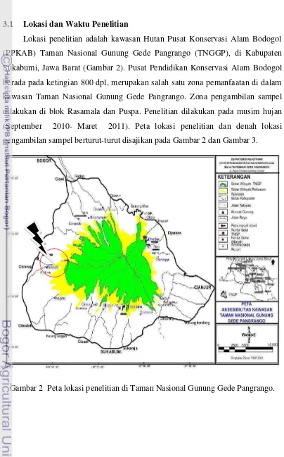 Gambar 2  Peta lokasi penelitian di Taman Nasional Gunung Gede Pangrango. 