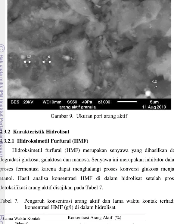 Tabel  7.    Pengaruh  konsentrasi  arang  aktif  dan  lama  waktu  kontak  terhadap  konsentrasi HMF (g/l) di dalam hidrolisat  