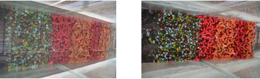 Fig. 7 Documentation of armor displacement before (left) and after (right) running for the slope 1:2 of the rubble mound breakwater model 