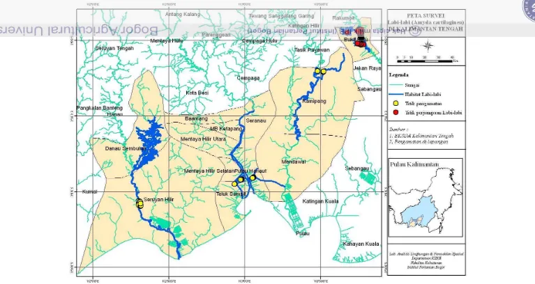 Gambar 3 Sebaran wilayah tangkapan labi-labi di Kalimantan Tengah. 