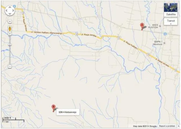 Gambar 1.1 Lokasi SMPN 4 Kalibaru (satu atap dengan SDN 4 Kebunrejo)  dengan skala 1 ml: 2 km 