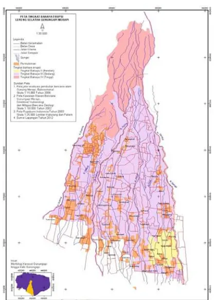 Gambar 3. Peta tingkat bahaya erupsi lereng selatan Gunungapi Merapi 