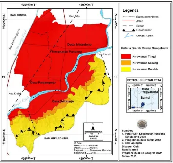 Gambar 3.5 Peta zona rawan gempabumi di Kecamatan Pundong berdasarkan pendekatan geomorfologi (Pengolahan data, 2012) 