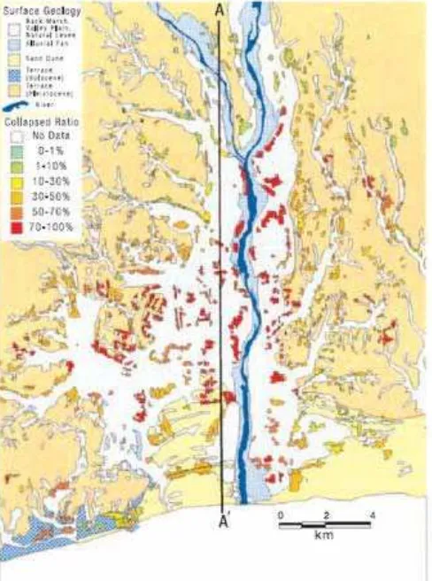 Gambar 1.3 Agihan kerusakan dan kondisi geomorfologi sepanjang Sungai Sagami  (Midorikawa, 2002) 