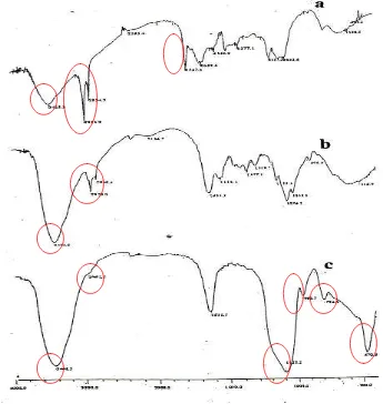 Gambar 5.  Spektra FTIR Biomassa Rhyzopus oryzae Tanpa Perlakuan Awal (a), Biomassa Rhyzopus oryzae  Aktif (b) dan Biomassa Rhyzopus oryzae  Terimmobilisasi Natrium Silikat (c) 