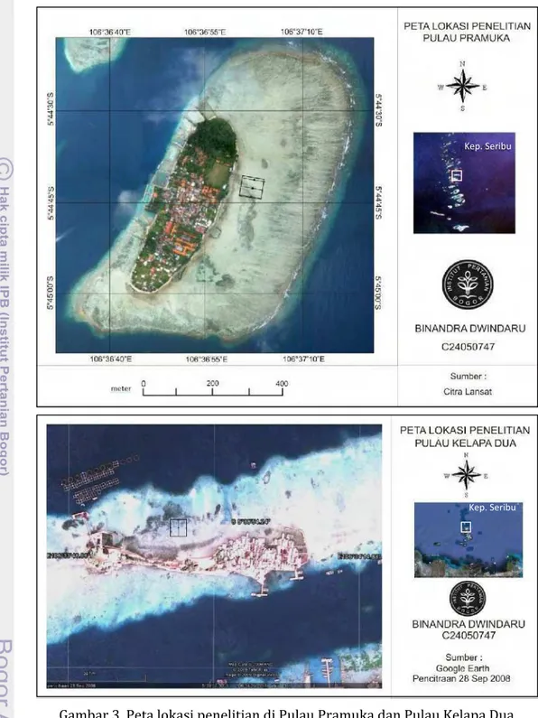 Gambar 3. Peta lokasi penelitian di Pulau Pramuka dan Pulau Kelapa Dua