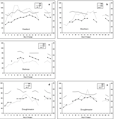 Figure 3 Shorthorn c) Brahman and d & e) Droughtmaster cattle.  On each graph, the scale for relative Temperature, relative humidity and respiratory rates for a) Hereford cattle b) humidity and respiratory rate is shown on the left side and for temperature