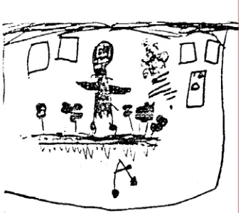 Gambar 16. Hasil Gambar Anak Umur Lima Tahun, Yang Menunjukkan Masa Peralihan dari Subtahap Figuratif Awal ke Subtahap Figuratif Tengah (Sumber:  Lansing, 1976, Art, Artist, and Art Education)  