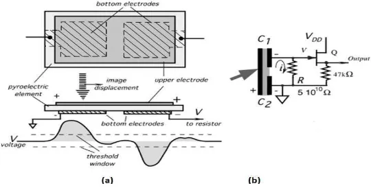 Gambar 2.6  (a) Sensor pyroelectric ganda, dan (b) rangkaian  pendukungnya                          (Sumber: Fraden, 2004) 