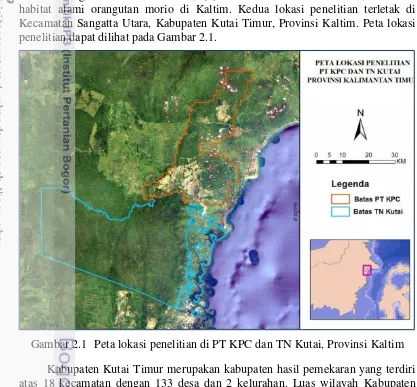 Gambar 2.1   Peta lokasi penelitian di PT KPC dan TN Kutai, Provinsi Kaltim 