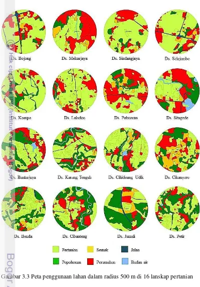 Gambar 3.3 Peta penggunaan lahan dalam radius 500 m di 16 lanskap pertanian 