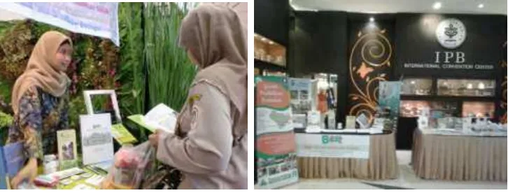 Gambar 3.  Promosi Wisata Pendidikan Pertanian IPB pada (a) Pameran road show visit Bogor Thamrin City, (b) Pameran MB IPB di IICC