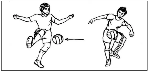 Gambar 2. Teknik Menghentikan Bola dengan Kaki Bagian Dalam danPaha(Remmy Muchtar, 1992: 33)  