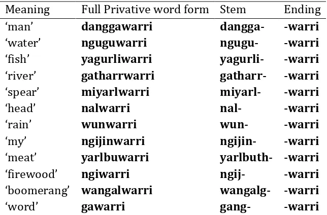 Table 6. Privative word forms 