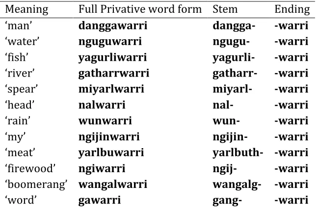 Table 6. Privative word forms 