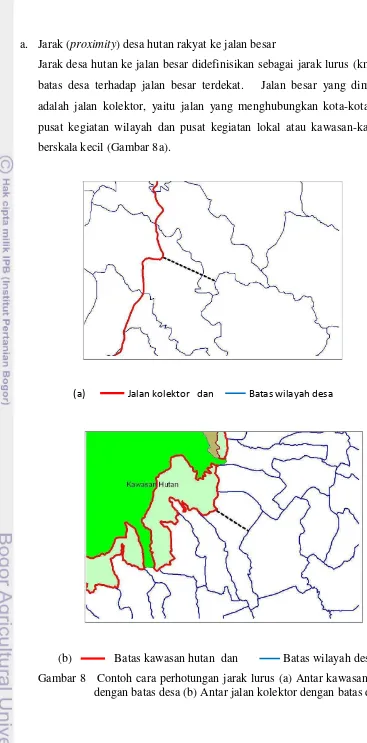 Gambar 8   Contoh cara perhotungan jarak lurus (a) Antar kawasan hutan 