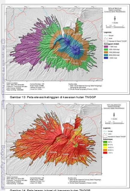 Gambar 13  Peta elevasi/ketinggian di kawasan hutan TNGGP 