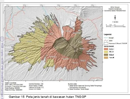 Gambar 15  Peta jenis tanah di kawasan hutan TNGGP 