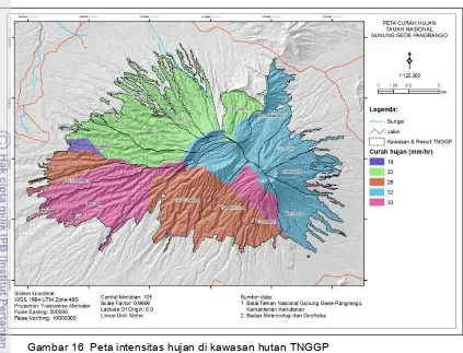 Gambar 16  Peta intensitas hujan di kawasan hutan TNGGP 