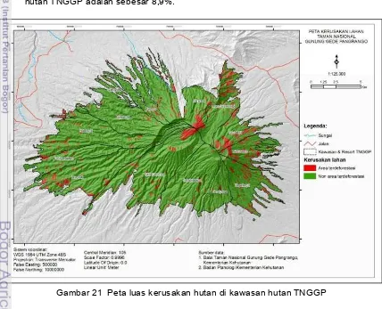 Gambar 21  Peta luas kerusakan hutan di kawasan hutan TNGGP 