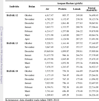 Tabel 7.  Data asupan nutrisi harian badak jawa 