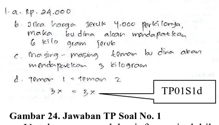 Gambar 24. Jawaban TP Soal No. 1 Untuk memperoleh informasi lebih lanjut tentang kesalahan siswa TP, peneliti 