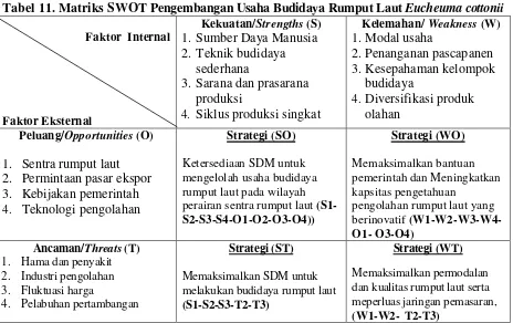 Tabel 11. Matriks SWOT Pengembangan Usaha Budidaya Rumput Laut Eucheuma cottonii 