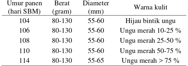 Tabel 1  Ciri fisik buah manggis berdasarkan umur panen (Prihatman 2000) 