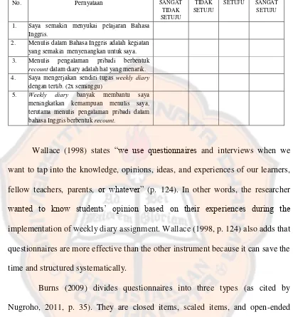 Table 3.2 The Sample of Questionnaire at the end of the Third Cycle 