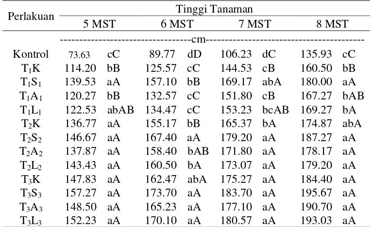 Tabel 2. Pengaruh Pemberian Campuran Abu Tulang Sapi dengan Beberapa    Asam Organik terhadap Tinggi Tanaman dari 5 MST sampai 8 MST 