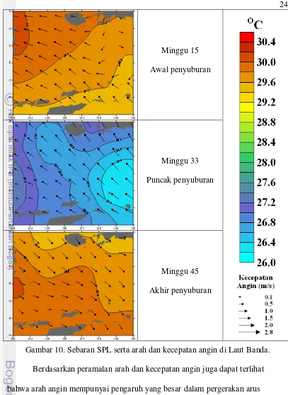 Gambar 10. Sebaran SPL serta arah dan kecepatan angin di Laut Banda. 