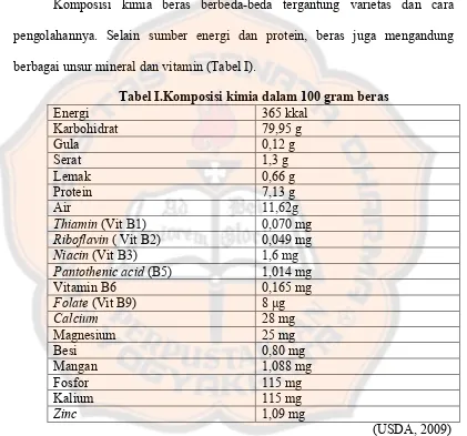 Tabel I.Komposisi kimia dalam 100 gram beras  