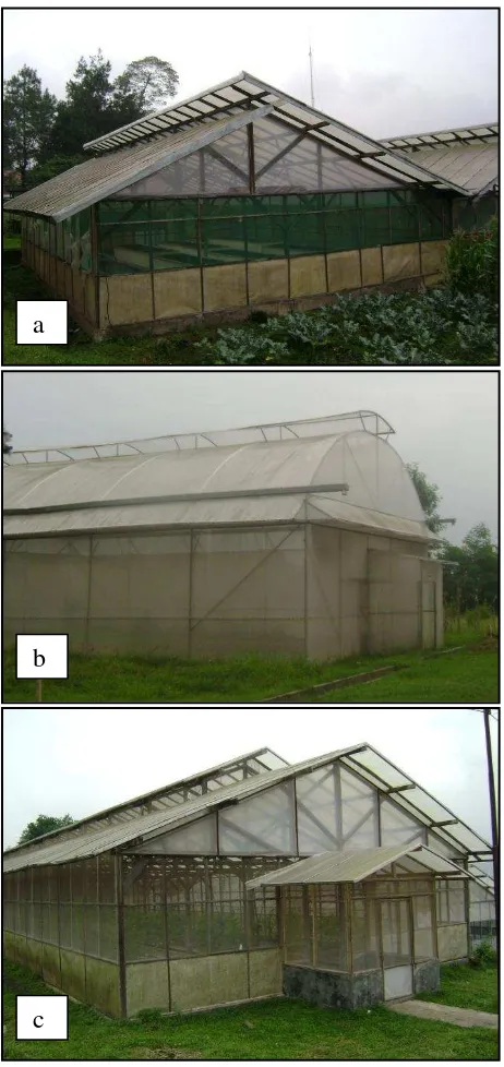Gambar 1. Beberapa tipe rumah tanaman di daerah tropika basah: sere atau adapted sawtooth (a), adapted tunnel (b), dan standard peak (c)