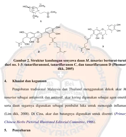 Gambar 2. Struktur kandungan senyawa daun Mdari no. 1-3:. tanarius berturut-turut  tanarifuranonol, tanariflavanon C, dan tanariflavanon D (Phomart 
