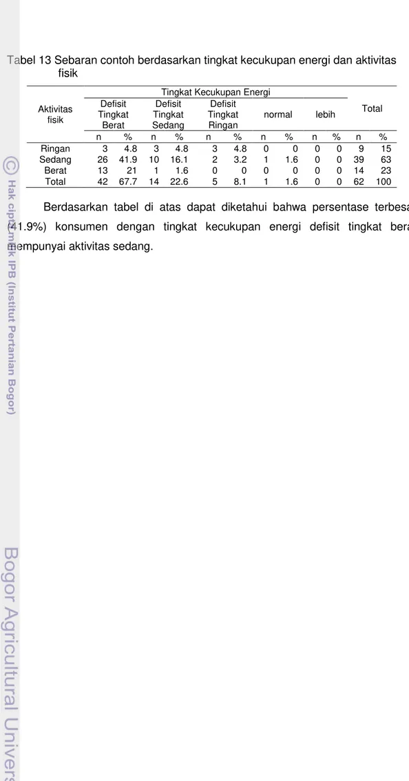 Tabel 13 Sebaran contoh berdasarkan tingkat kecukupan energi dan aktivitas  fisik 