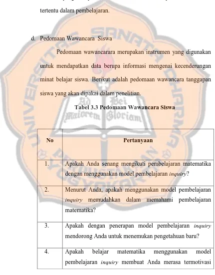 Tabel 3.3 Pedomaan Wawancara Siswa 