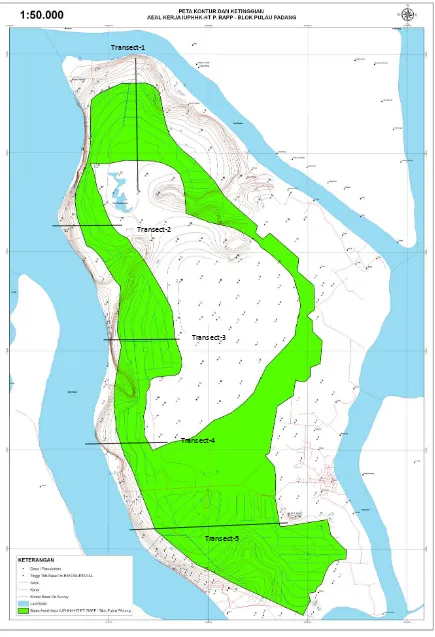 Gambar 8. Peta kontur dan ketinggian serta lokasi transek di Pulau Padang 
