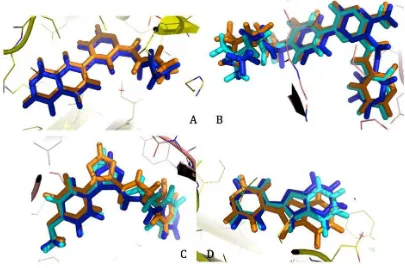 Gambar 3.Konformasi 3D ZER04 (A), ZER05 (B)dan ZER06 (C)  yang dihasilkan oleh perhitungan optimasi Gaussian DFT-B3LYP (hijau) dan MarvinSpace (magenta)