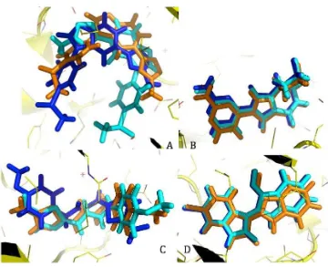 Gambar 5.Konformasi 3D molekular ligan native (orange), struktur rigid (biru) dan fleksibel (cyan) hasil docking dari 2-methyl-5-(3-{4-[(S)-methylsulfinyl] phenyl}-1-benzofuran-5-yl)-1,3,4-oxadiazole (G3B, RMSD=5,1056) pada protein 3GB2 (A) dan (7S)-2-(2-a
