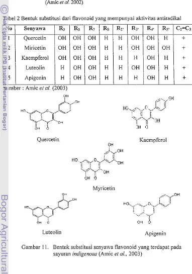 Tabel 2 Bentuk substitusi dari flavonoid yang melnpunyai aktivitas antiradikal 