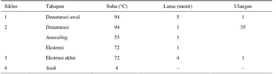 Tabel 2.  Banyaknya siklus, suhu dan lama proses amplifikasi yang diprogramkan pada PCR 
