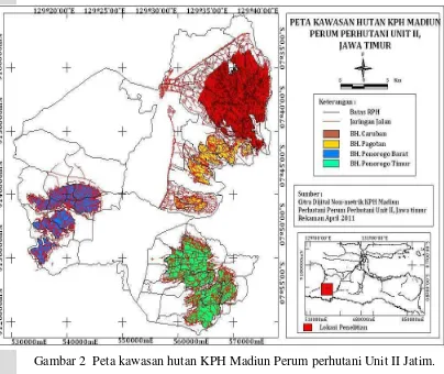 Gambar 2  Peta kawasan hutan KPH Madiun Perum perhutani Unit II Jatim. 