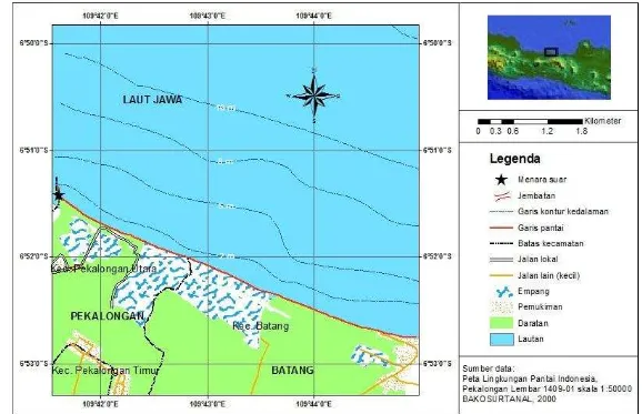 Gambar 6. Peta lokasi penelitian perubahan garis pantai di pantai Pekalongan dan Batang, Jawa Tengah