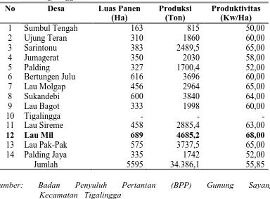 Tabel 3.3  Luas Panen, Produksi dan Produktivitas Jagung di Kecamatan Tigalingga Tahun  2012 